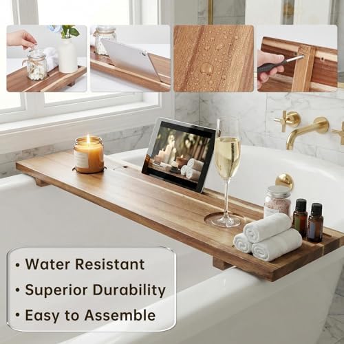 Expandable Acacia Wood Bathtub Tray Caddy – Adjustable 23-35" with