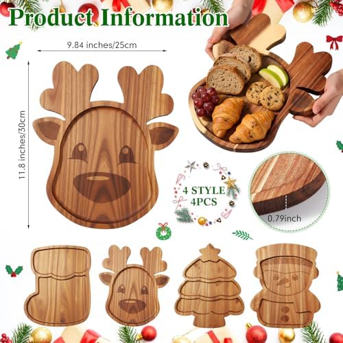 Bokon 4 Pcs Christmas Charcuterie Board, 12"x10", Snowman, Acacia Wood