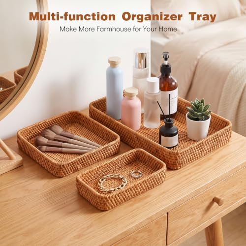 Rattan Serving Tray Set of 3 Rectangular Wicker Storage Baskets