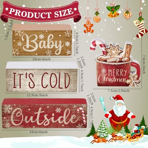 Moucuny 4 Pcs Christmas Table Decorations Indoor, Hot Cocoa Wood Block