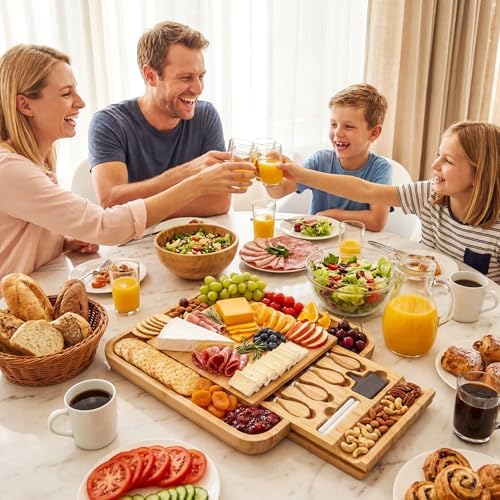 Bamboo Charcuterie Board Set, 13 Inch Cheese Board with Knives, Sauce