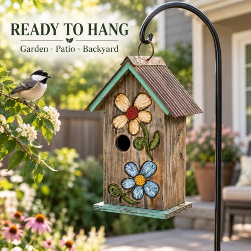 Topadorn Hanging Bird House for Outside, 11" Hand-Painted Wooden