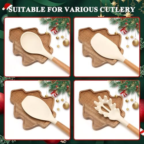 Tree Christmas Spoon Rest for Counter Acacia Wood Spoons Holder Stove
