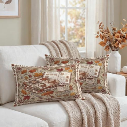 Cozy Autumn Reading Nook Quote Leaves Throw Pillow Covers 12x20 Set of