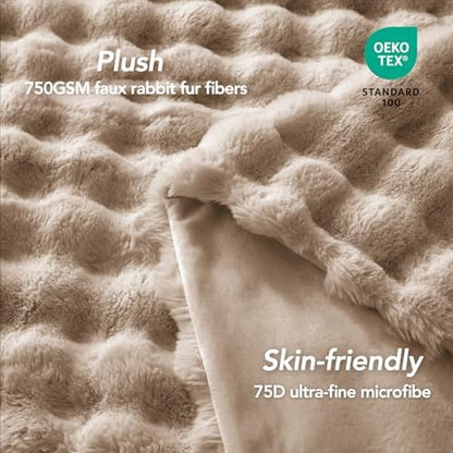 L'AGRATY Faux Rabbit Fur Throw Blanket for Couch, 50'' x 60'', Light