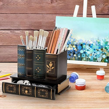 Tosnail Decorative Pen Holder with Storage Drawer, Wooden Pencil