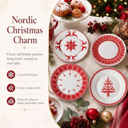Rtteri 4 Pcs Red Christmas Ceramic Plates 9 Inch Salad Dish Serving