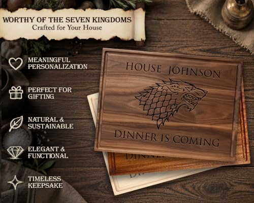 Personalized Direwolf Crest Cutting Board, Custom Engraved with Family