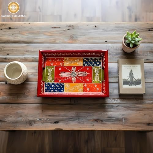 Swadeshi Blessings Hand-Painted Wooden Serving Tray Set of 3, Antique