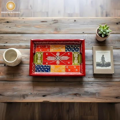 Swadeshi Blessings Hand-Painted Wooden Serving Tray Set of 3, Antique