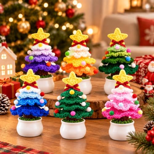 Soaoo 6 Sets Crochet Christmas Tree Gifts with Merry Christmas Cards