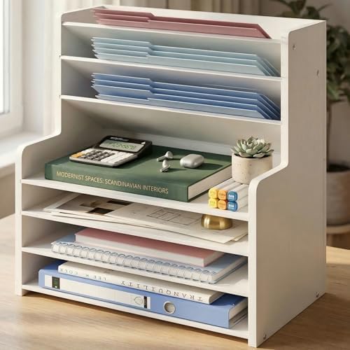 7 Tier White Desk Organizer for Office Organization, Wood Paper