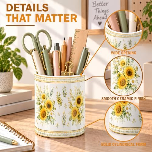 Yellow Sunflower Garden Ceramic Kitchen Utensil Holder 6.3"