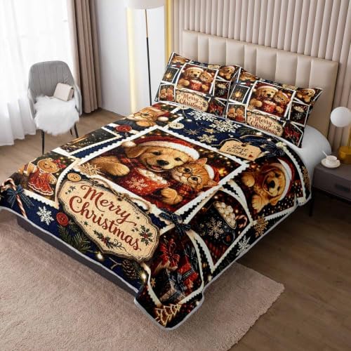 HOSIMA Vintage Christmas Bedding Set,Cute Cat Dog Print Bedspread