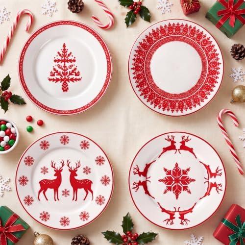 Rtteri 4 Pcs Red Christmas Ceramic Plates 9 Inch Salad Dish Serving