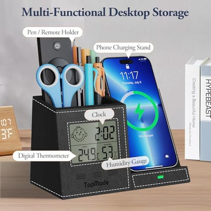 Pen Holder with Wireless Charger, Led Screen Desk Caddy with Digital