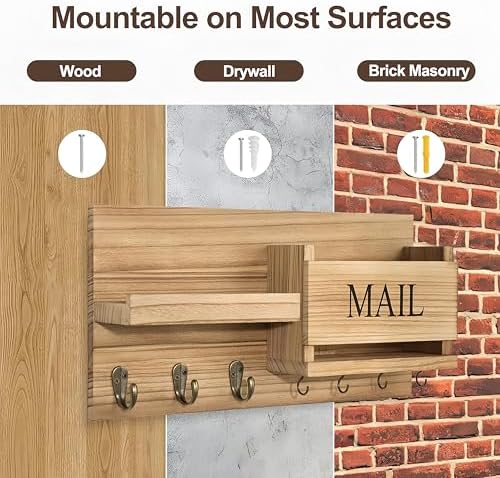 Wall Mount Mail Organizer – Key Holder with Shelf, Letter Holder &