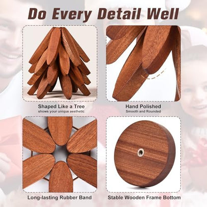 Wooden Trivets for Hot Dishes,Christmas Tree Coasters Set 5 + 1 Stand