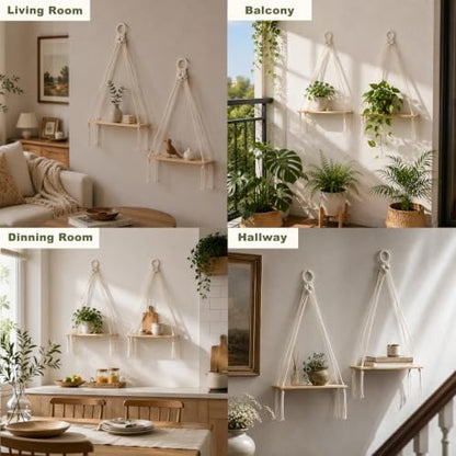 Artilady Boho Shelf Wall Decor Macrame Hanging Floating Shelves for