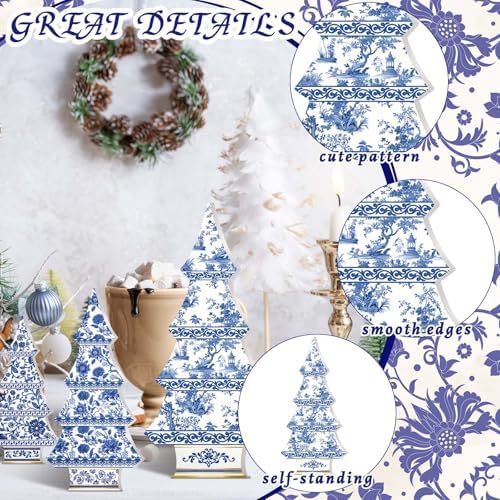 3 Pcs Chinoiserie Christmas Tree Decor Blue White Wooden Decor