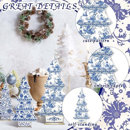 3 Pcs Chinoiserie Christmas Tree Decor Blue White Wooden Decor