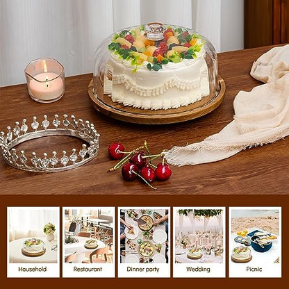 Cake Stand with Lid, Rotating Cake Holder with Dome, Wood Lazy Susan