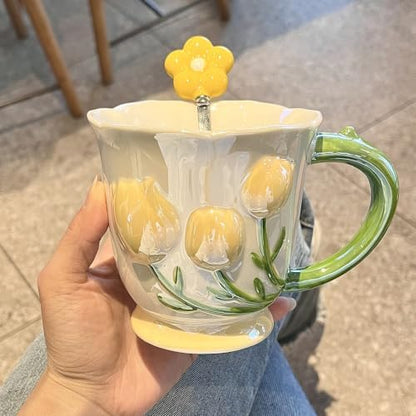 14oz 3D Embossed Floral Ceramic Coffee Mug with Matching Spoon & Gift