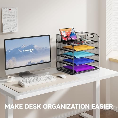 Cawukege 5 Tier Paper Organizer with Handle, Black Metal Mesh Desk