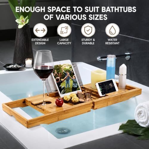 Bamboo Bathtub Caddy Tray with Book/Tablet & Wine Glass Holder