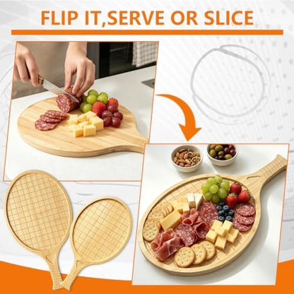 2 Pcs Tennis Racket Bamboo Serving Tray Set, 17" Wooden Tennis