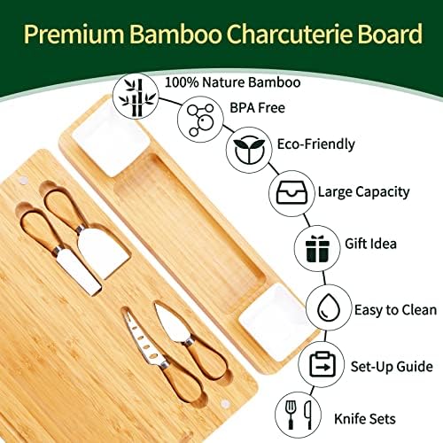 Charcuterie Boards and Knife Set - Bamboo Cheese Board - Wine Meat