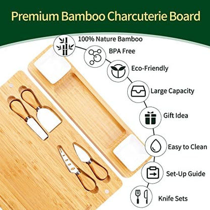 Charcuterie Boards and Knife Set - Bamboo Cheese Board - Wine Meat