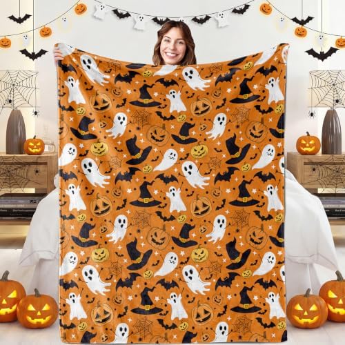 Orange Halloween Blanket, Spooky Pumpkin Ghosts Fleece Throw Blanket