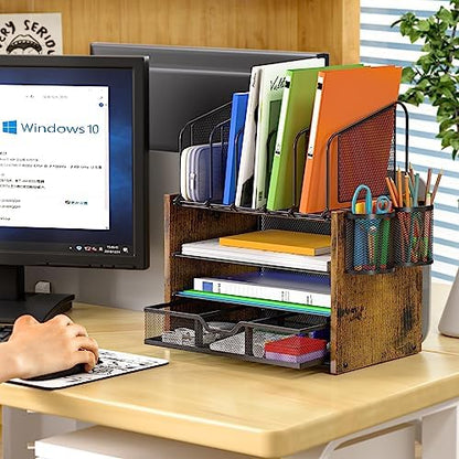 DAOUTIME 4-Tier Mesh Desk Organizer, Wooden Desk File Organizer with 5