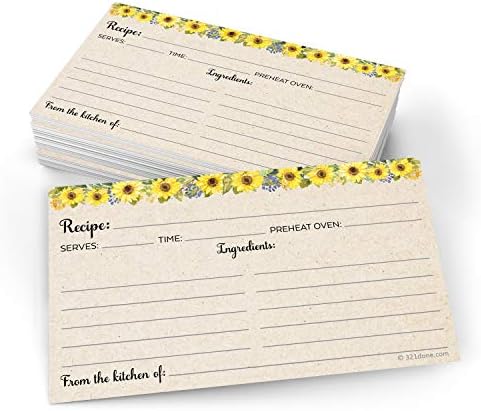 321Done Blank Recipe Cards, Small 3x5, Set of 50, Sunflowers on Tan