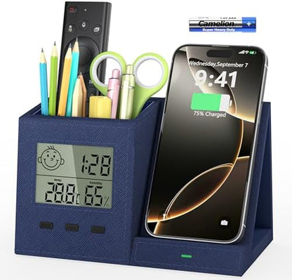 Desk Organizer with Wireless Charger, Digital Clock, Thermometer &