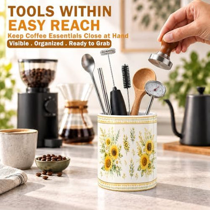Yellow Sunflower Garden Ceramic Kitchen Utensil Holder 6.3"
