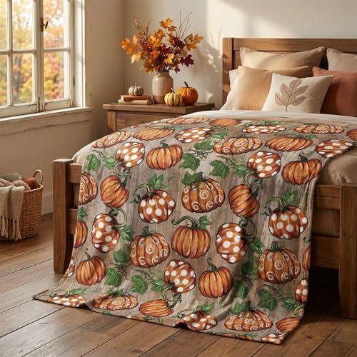 Horaldaily Fall Wood Plank Grain Pot Pumpkin Flannel Throw Blanket