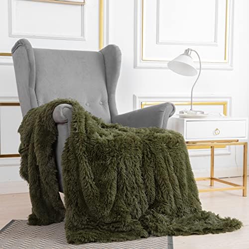 YUSOKI Long Faux Fur Throw Blanket, Olive Green,50" x 60"