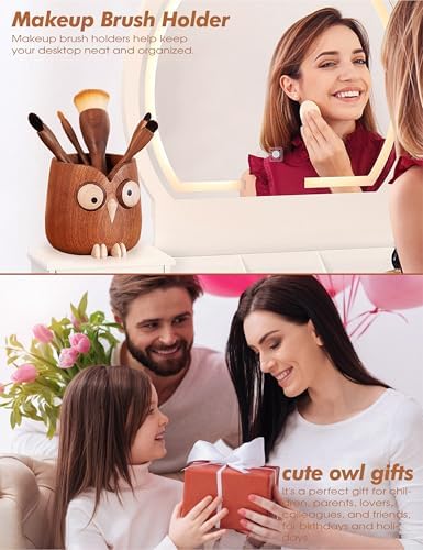 Solid Wood Owl Pen Holder for Desk with Adjustable Expressions, Funny