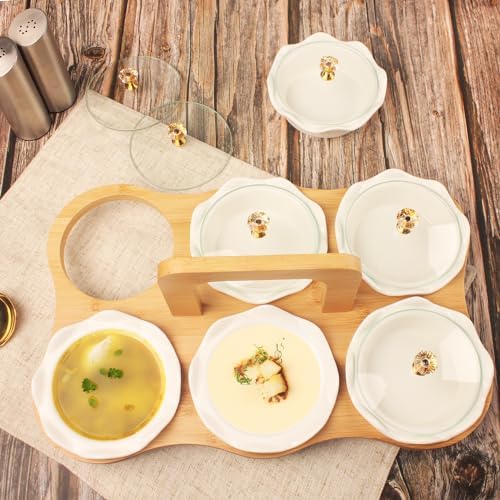 Ceramic Serving Dishes with glass Lids and Bamboo Platter, 6 Removable