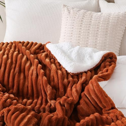Burnt Orange Sherpa Fleece Throw Blanket 50”×60”Double-sided for Couch