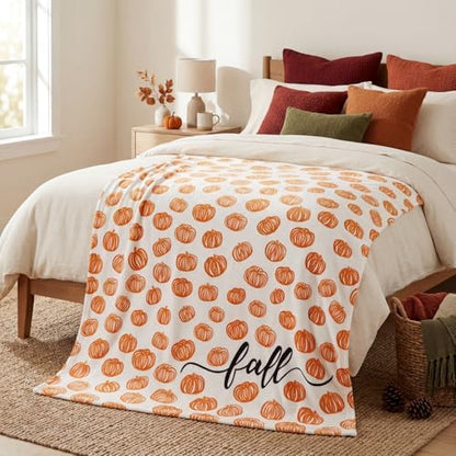 Horaldaily Fall White Painting Pumpkin Flannel Throw Blanket 40x50