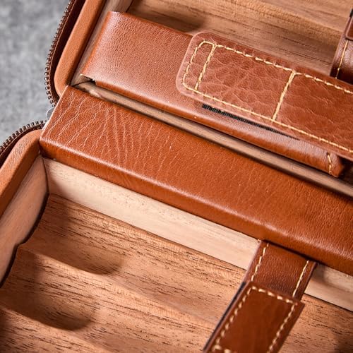 Leather Cigar Case, Travel Humidor Holds 7 Cigars, Brown Cedar Wood