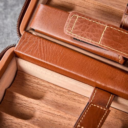 Leather Cigar Case, Travel Humidor Holds 7 Cigars, Brown Cedar Wood