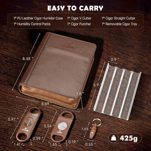 KEJIAR Cigar Humidor Case, Portable Cigar Box with Straight Cutter, V