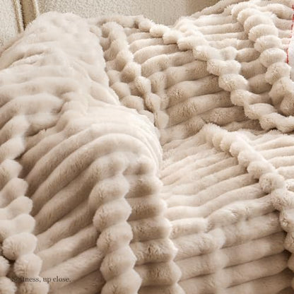 Flannel Throw Blanket, Soft Plush for Couch Bed Beige 40x50 in