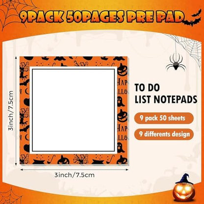 9 Pads Halloween Sticky Notes 50 Sheets Each Spider Pumpkin Bat