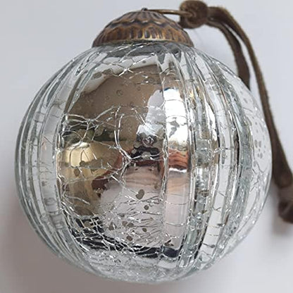 Set of 4 Silver Mercury Glass Ornaments (3.15" Grooved Crackle Ball)