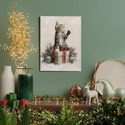 Voxitura Cute Christmas Cat Tabby Wall Art Canvas, Winter Snow Wall